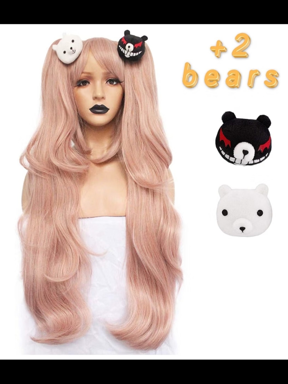 New In Bag - Long Pink Pastel Wig with Twin Tails and Bear Clips